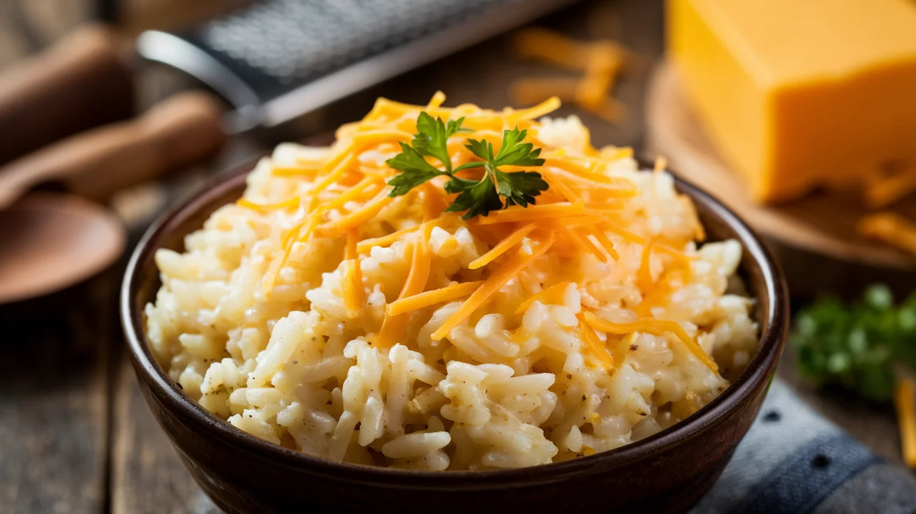 A close-up of a bowl of creamy, golden cheesy rice garnished with fresh parsley, placed on a rustic wooden table with cheese, a grater, and a wooden spoon in the background."