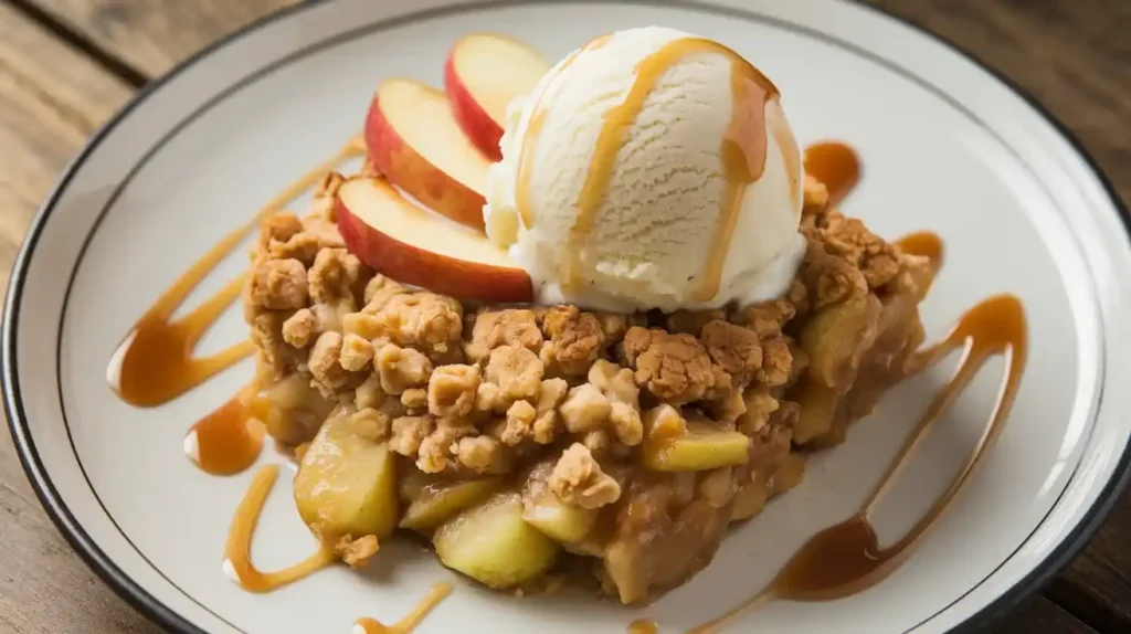 Apple crisp served with ice cream and caramel.