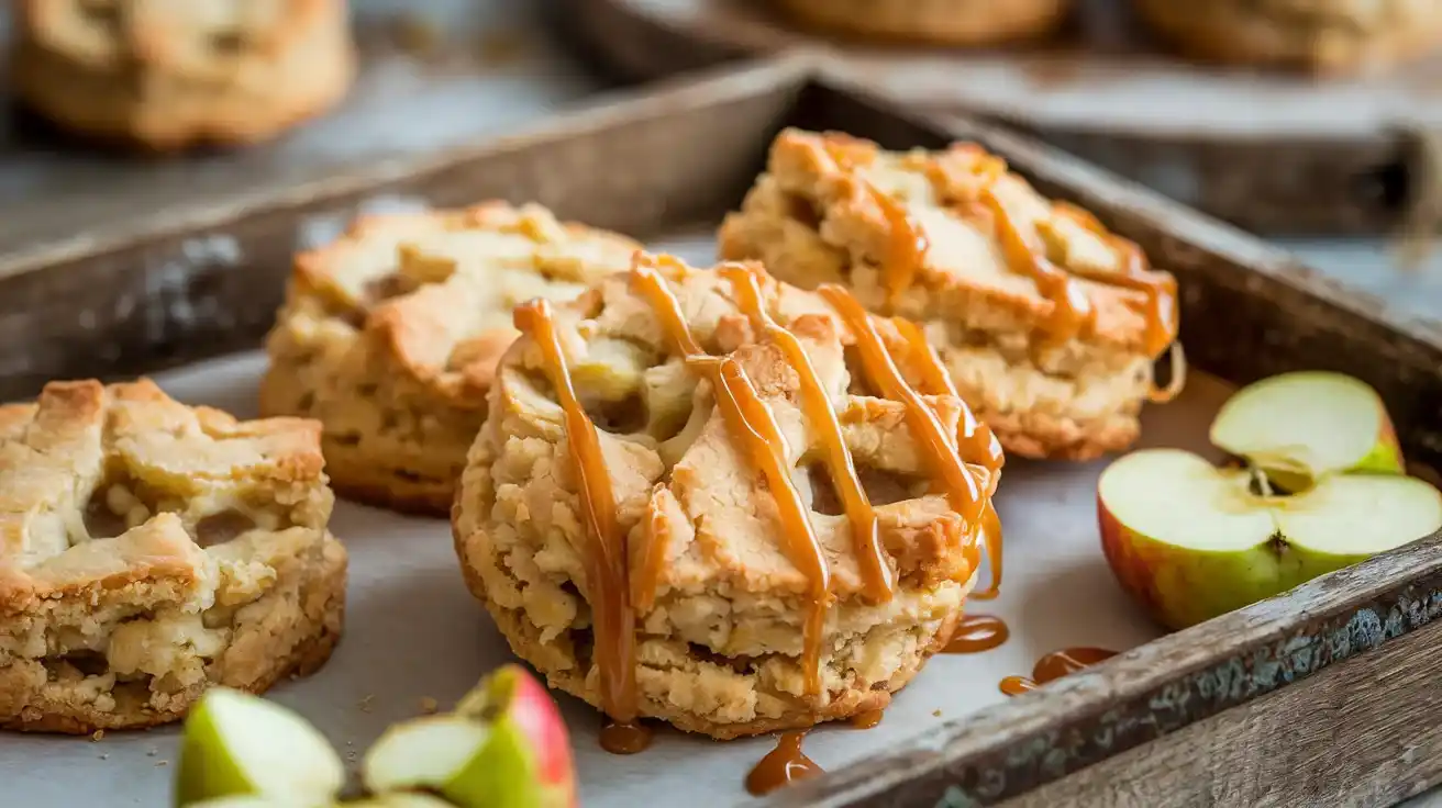 Freshly baked apple pie biscuits recipe on a rustic tray.