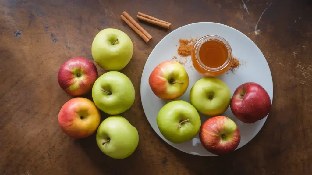 Fresh apples and ingredients for apple puree