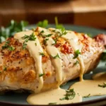 juicy baked bone-in chicken breast drizzled with lemon butter sauce, garnished with parsley.