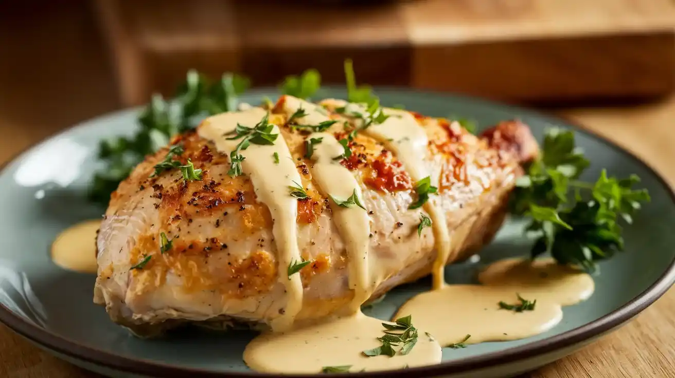 juicy baked bone-in chicken breast drizzled with lemon butter sauce, garnished with parsley.