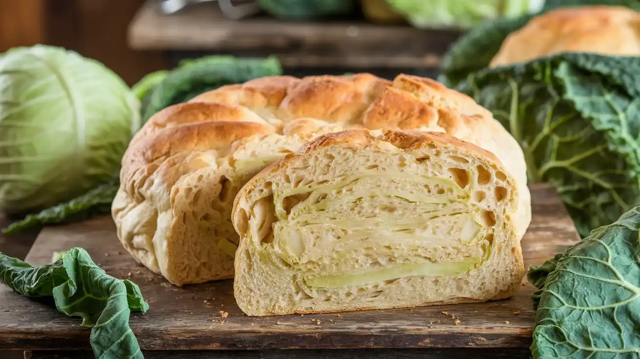 Freshly baked cabbage bread on a wooden table.