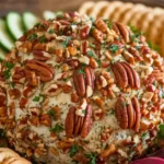 Cheese ball recipe with dried beef and pecan coating.