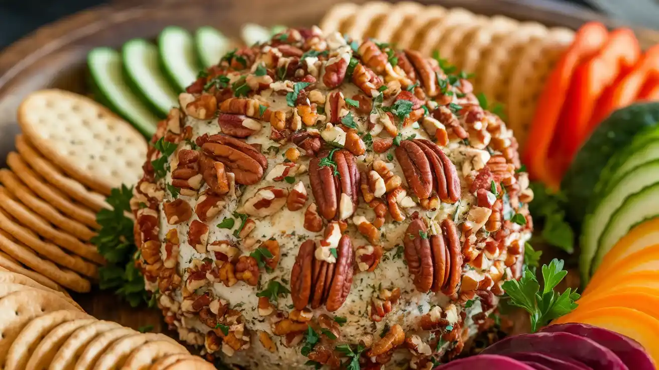 Cheese ball recipe with dried beef and pecan coating.