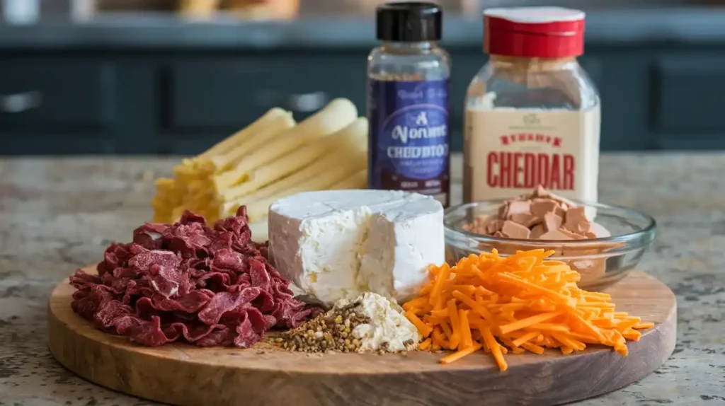 Ingredients for cheese ball recipe with dried beef.