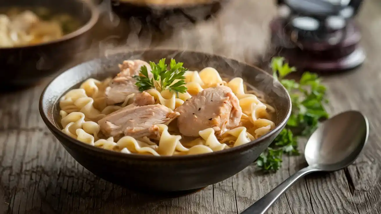 Chicken and egg noodles recipe in a bowl.