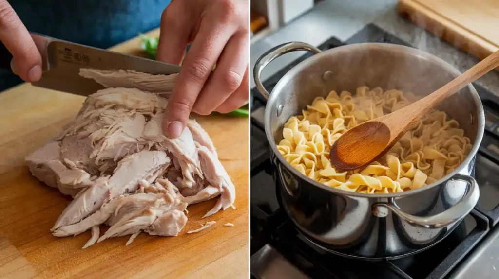 Cooking chicken and egg noodles step-by-step.