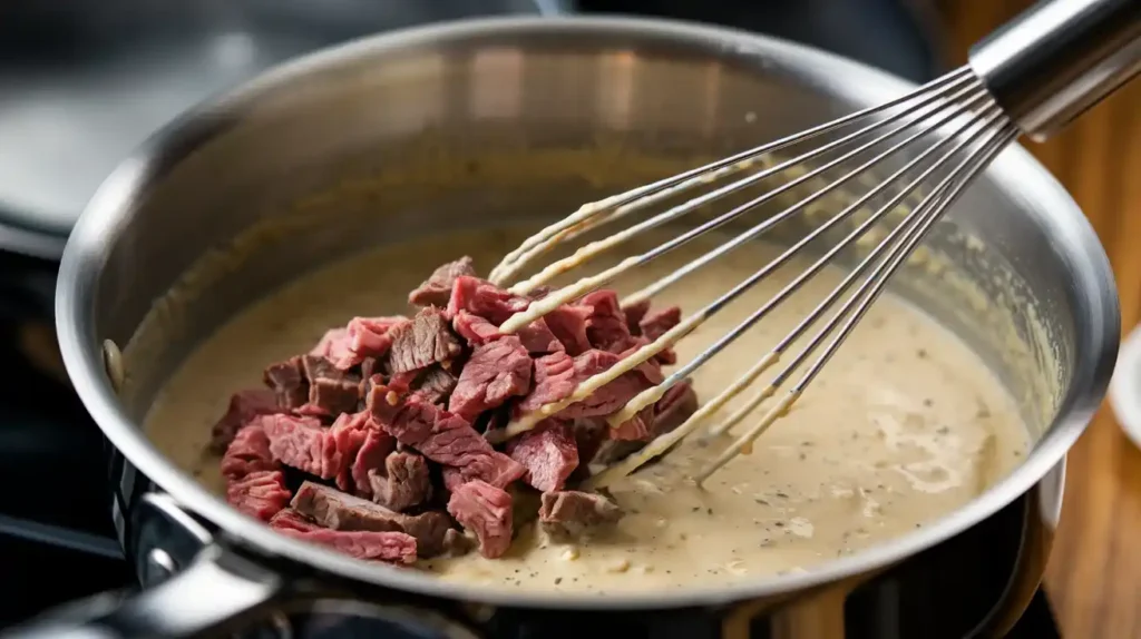 Cooking chip beef gravy in a saucepan.