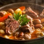 A hearty bowl of cowboy soup with beef, beans, and vegetables.