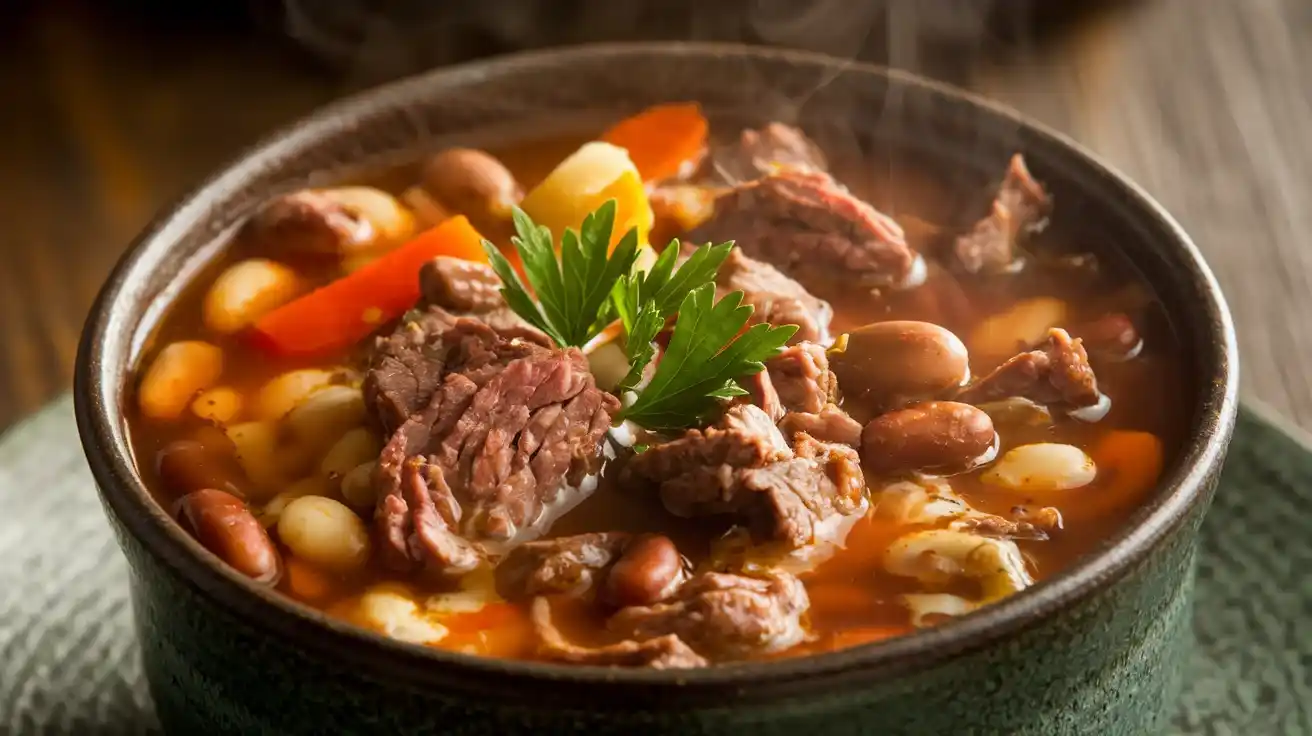 A hearty bowl of cowboy soup with beef, beans, and vegetables.