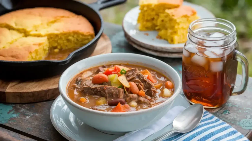 Cowboy soup served with cornbread and iced tea.