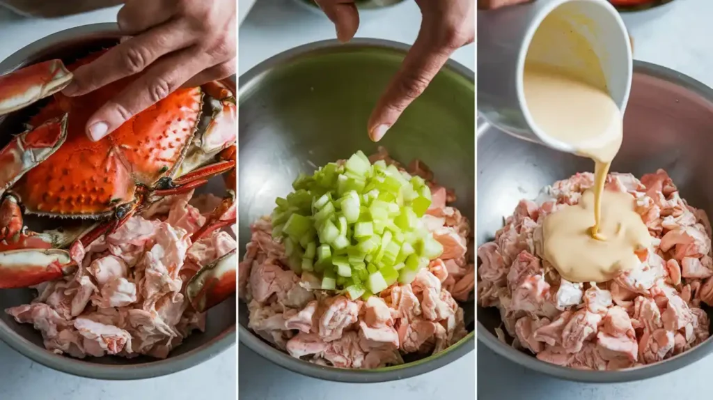 Step-by-step preparation of crab salad.