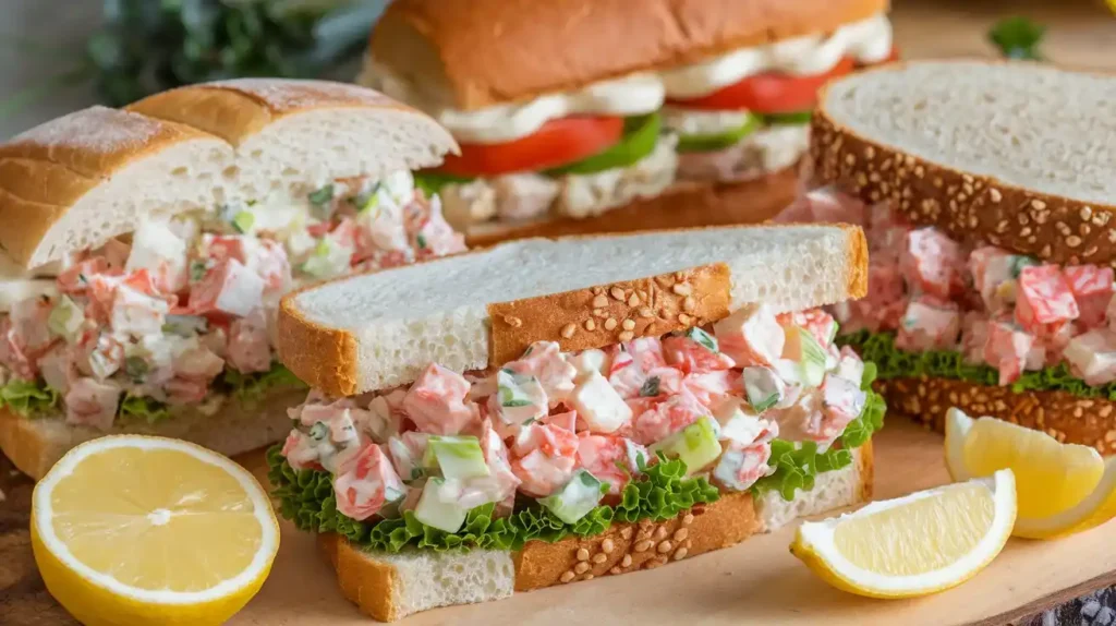 Variations of crab salad sandwiches.