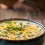 Creamy corn chowder garnished with parsley