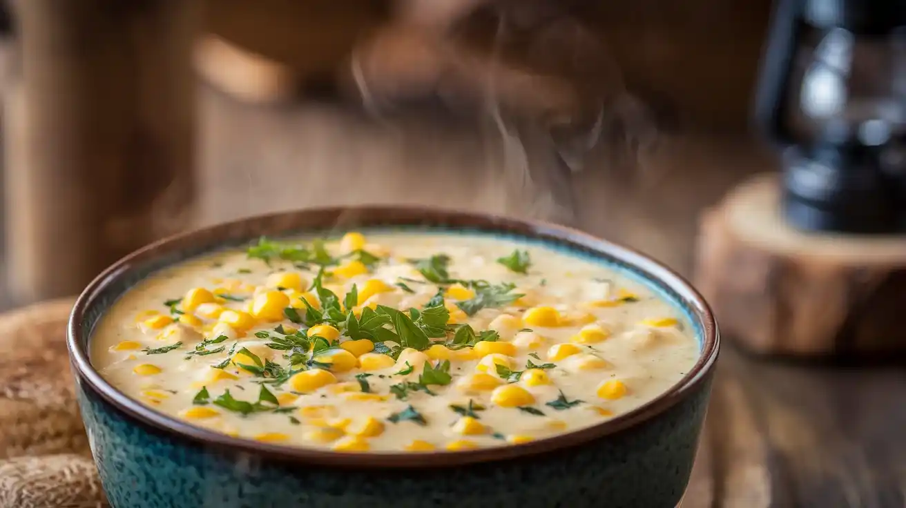 Creamy corn chowder garnished with parsley