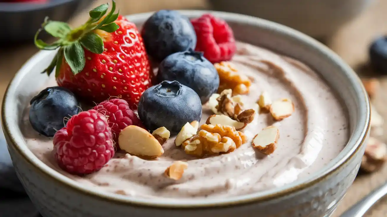 Creamy oat yogurt with fresh berries and nuts