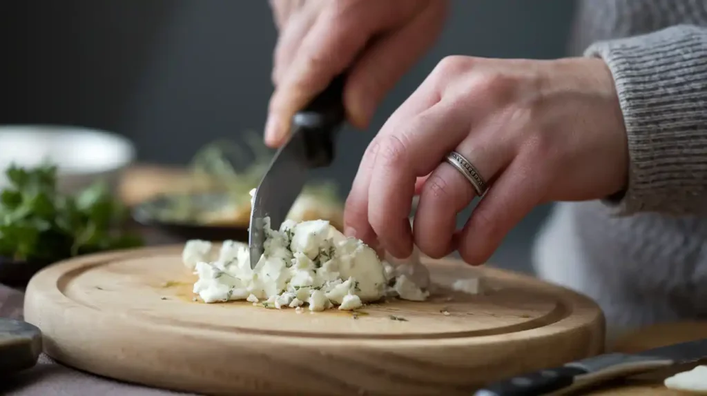 Cutting and crumbling goat cheese for salad.