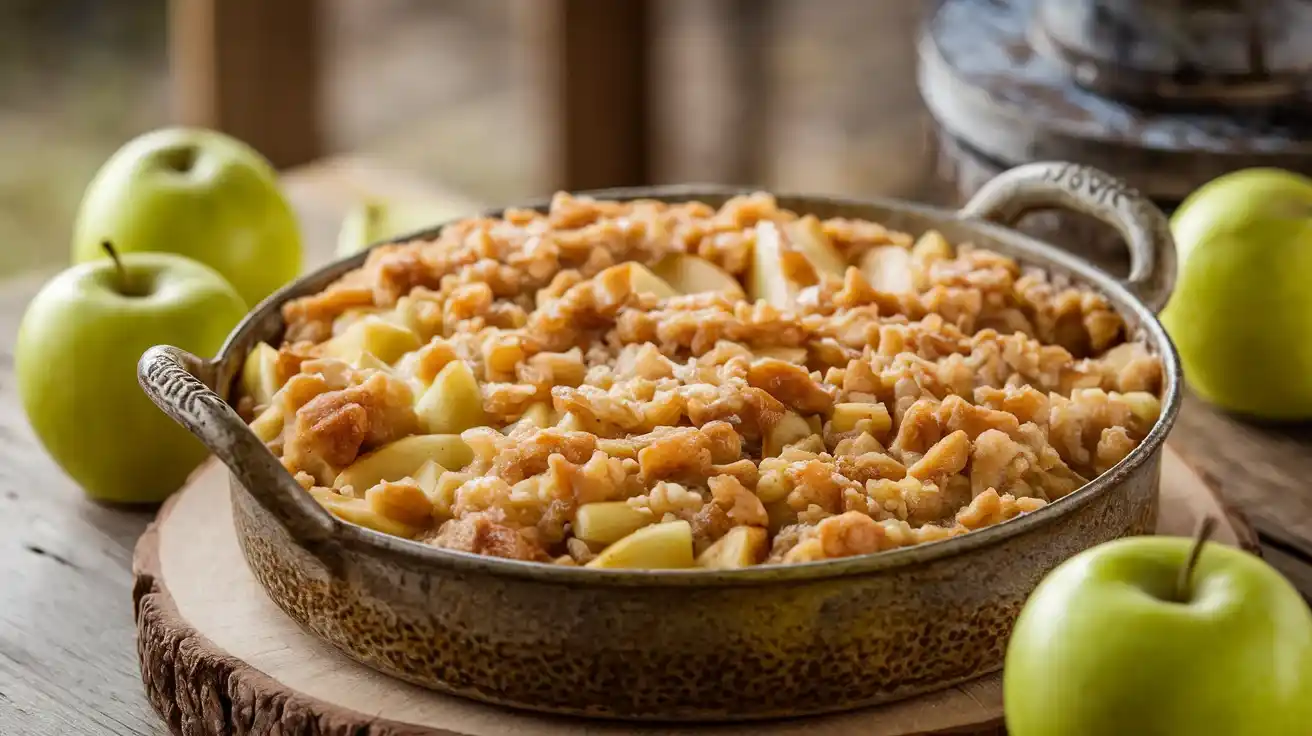 Easy apple crisp recipe without oats in a rustic dish.