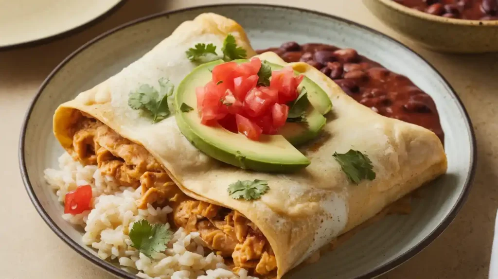 Sour cream chicken enchiladas served with sides.