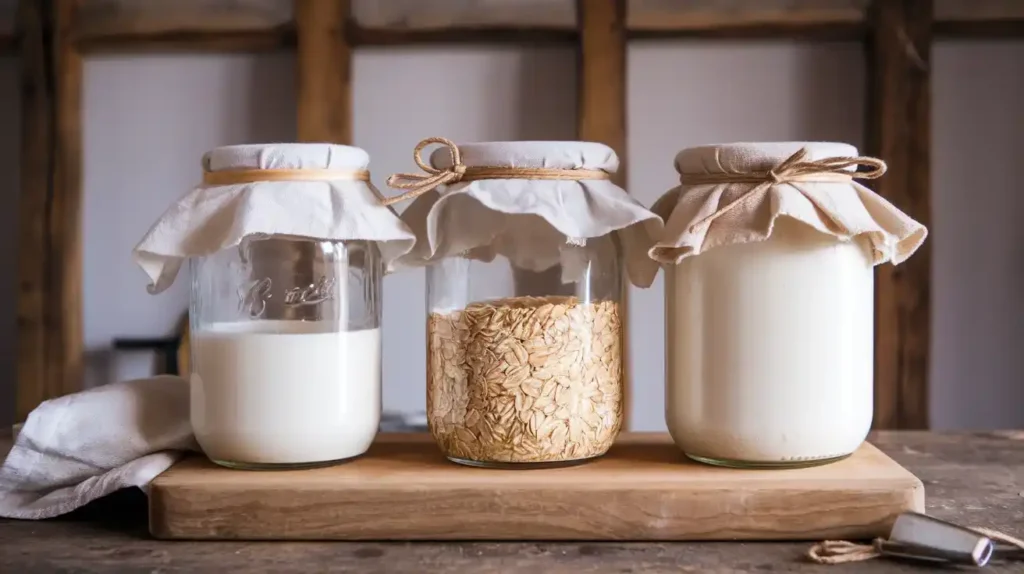 Fermenting oat yogurt in glass jars