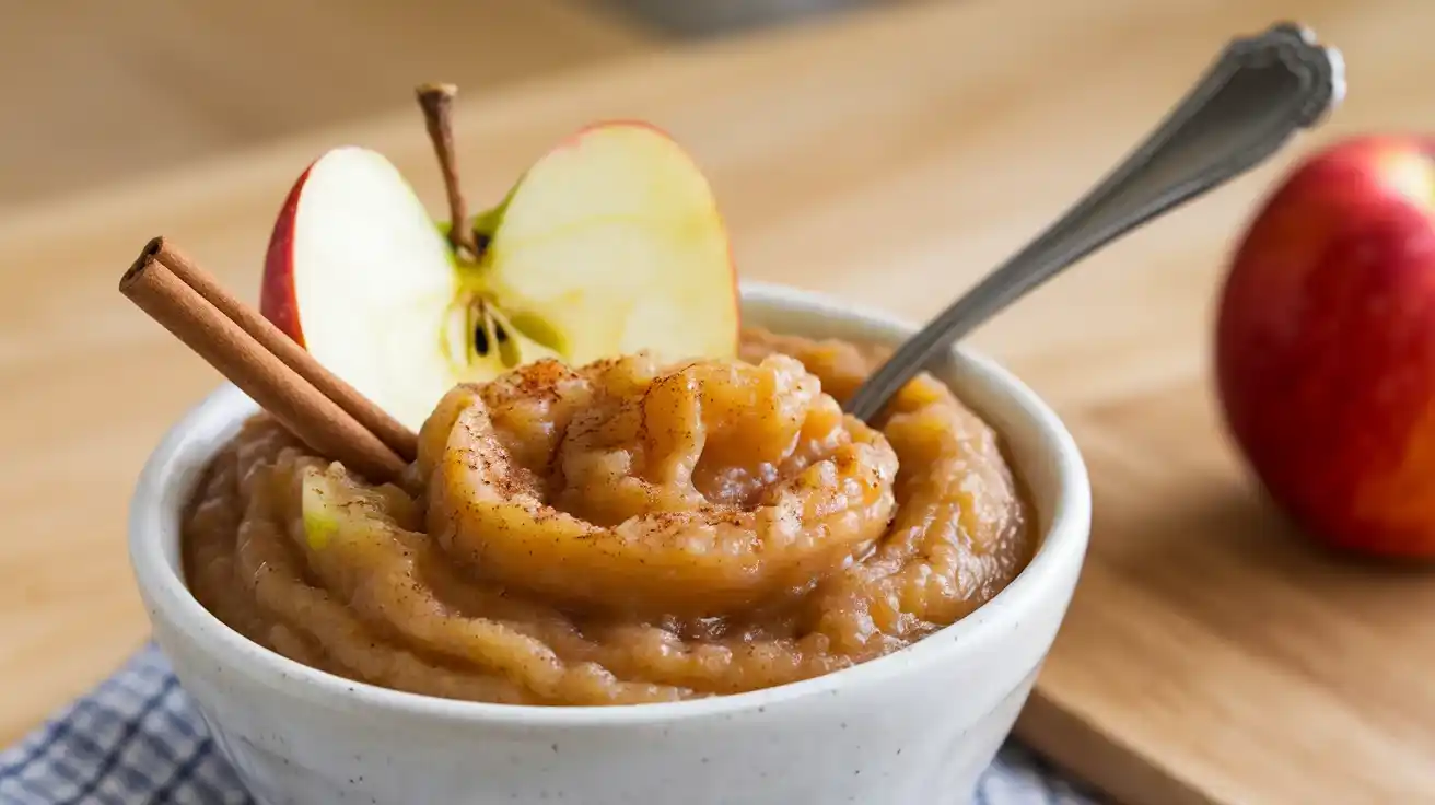 Fresh homemade apple puree in a bowl with garnishes