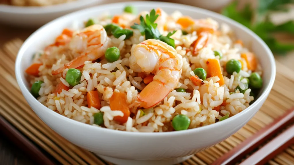 Rice recipes for fish - A bowl of fried rice with shrimp, peas, and carrots, served with chopsticks.