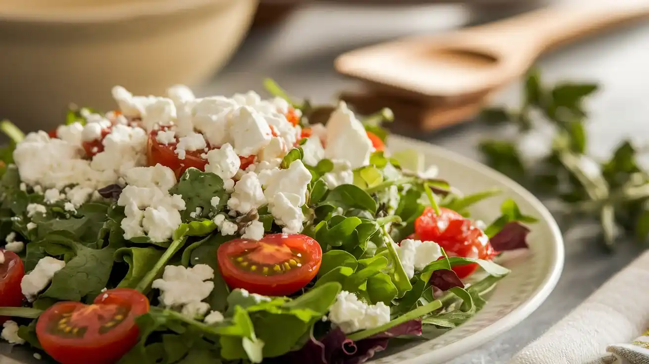 Delicious goat cheese salad with fresh greens and toppings.