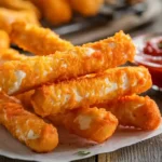 Golden crispy mozzarella sticks made with string cheese.