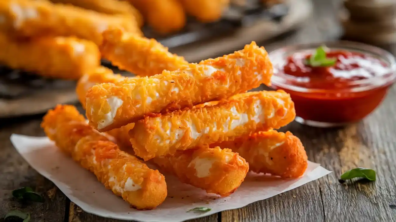 Golden crispy mozzarella sticks made with string cheese.