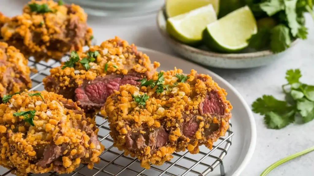 Golden Fried Beef Milanesa Cooling on a Wire Rack