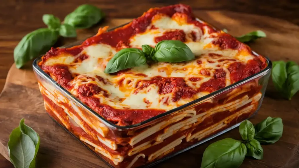 Gooey lasagna layered with string cheese and marinara sauce.