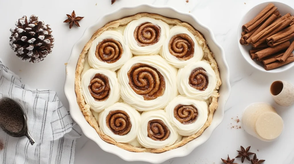 Layering cinnamon roll dough into a pie dish to create the crust