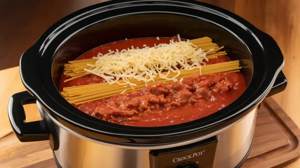 Layering Ingredients for Crock Pot Spaghetti Recipe