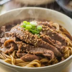 Mongolian beef noodles recipe with savory sauce.