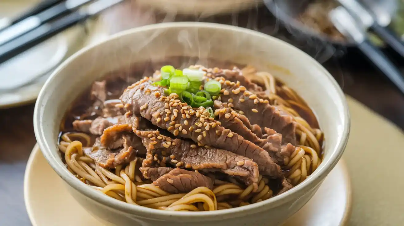 Mongolian beef noodles recipe with savory sauce.