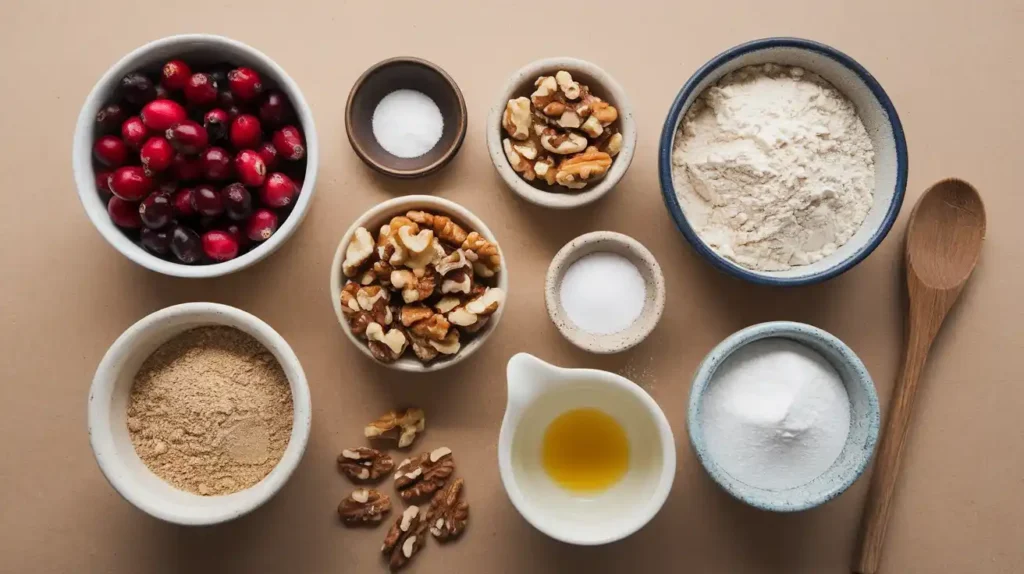 Flat lay of fresh cranberries, chopped walnuts, flour, sugar, eggs, and butter in bowls for cranberry walnut bread.