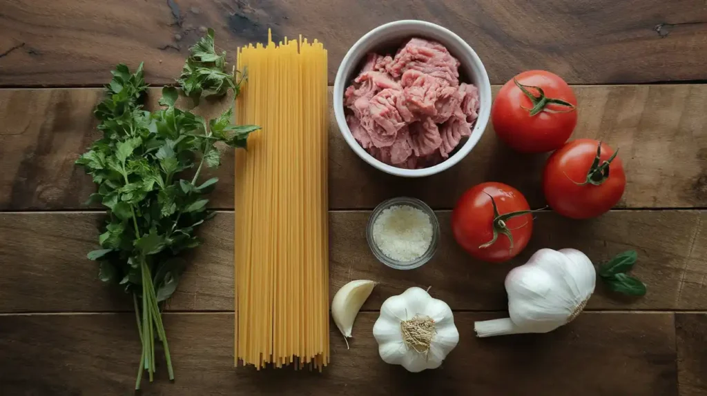 Flat lay of fresh pasta, ground pork, garlic, tomatoes, olive oil, and fresh herbs on a wooden table