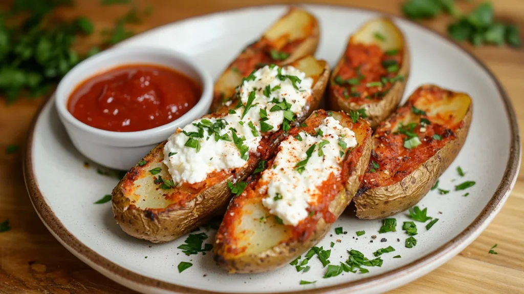 Plated air fryer potato skins with toppings