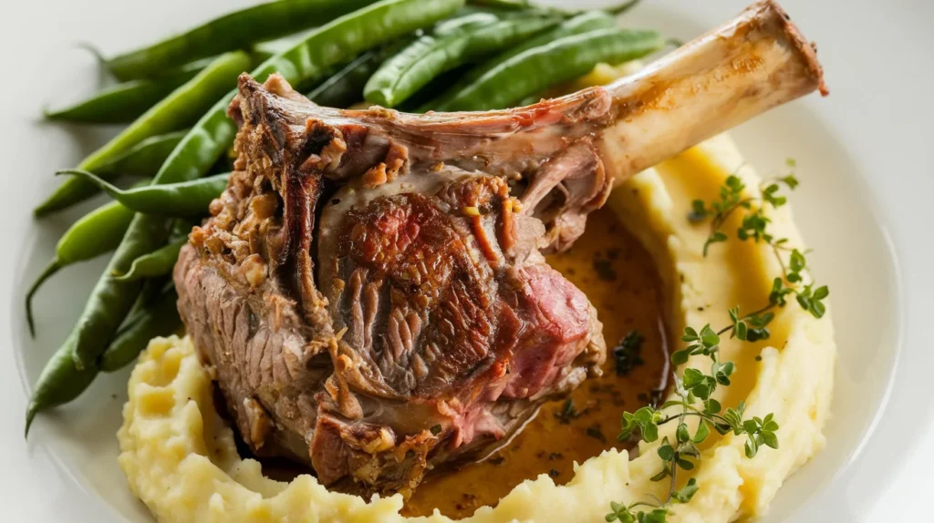 Pressure-cooked bone-in shank served with mashed potatoes and garnished with fresh herbs.