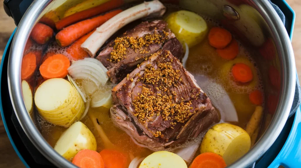 Pressure-cooked bone-in shank served with mashed potatoes and garnished with fresh herbs.