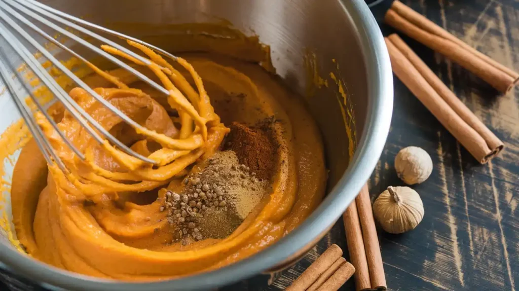 Apple butter and pumpkin puree being mixed for pie filling.