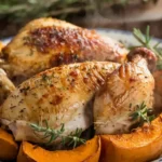 Roasted chicken with butternut squash on a plate