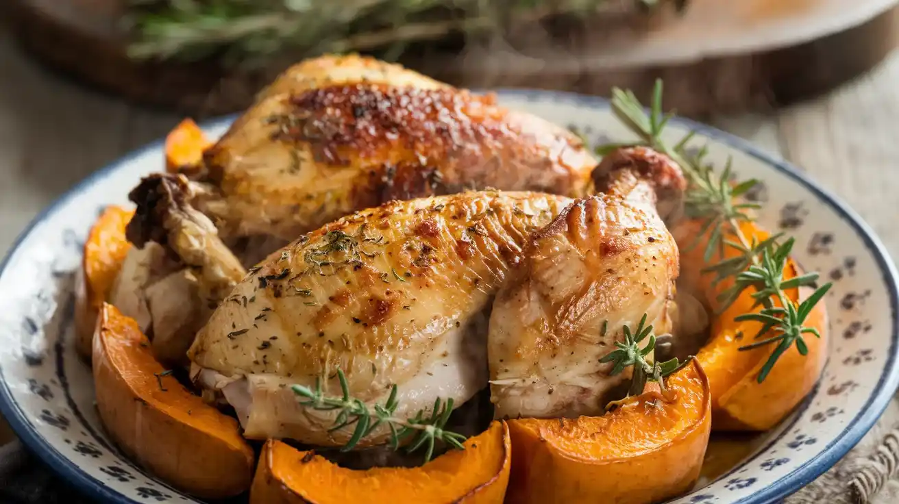 Roasted chicken with butternut squash on a plate