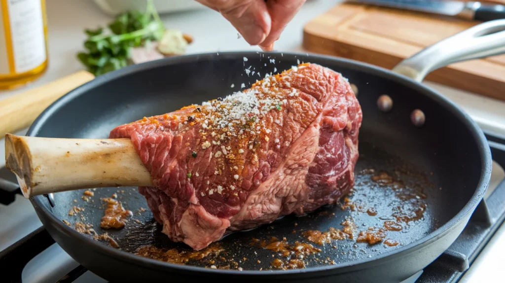 Pressure-cooked bone-in shank served with mashed potatoes and garnished with fresh herbs.