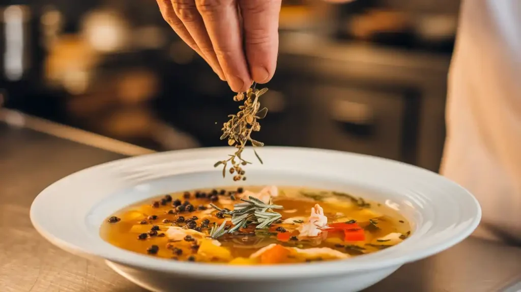 Seasonings being added to cowboy soup for enhanced flavor.