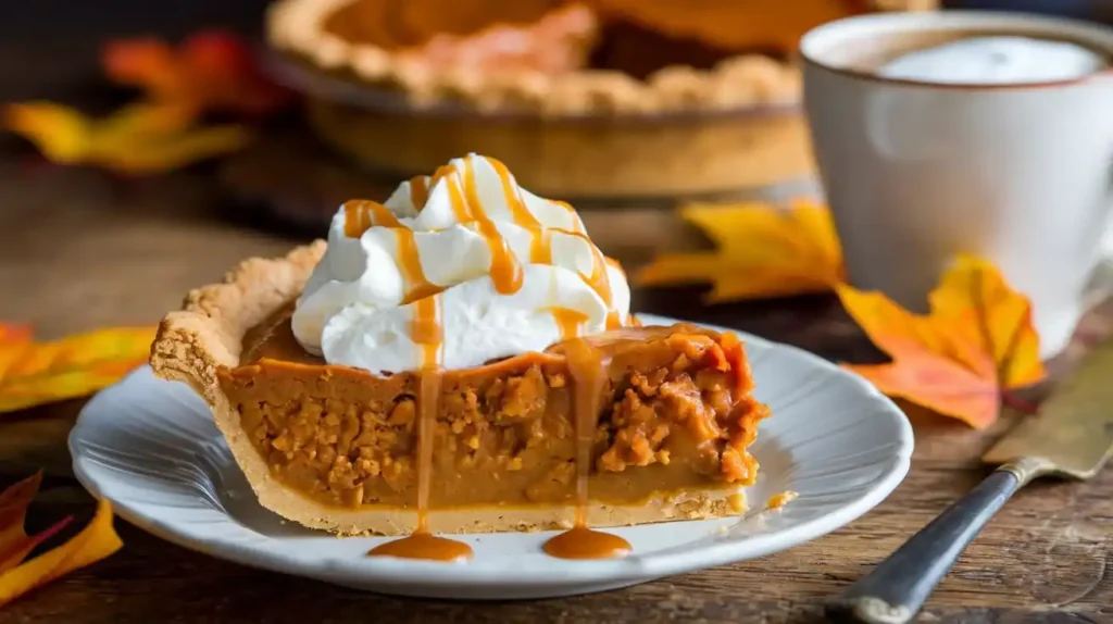 Slice of apple butter pumpkin pie with whipped cream and caramel.