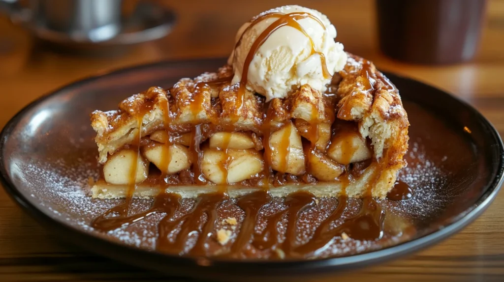 A slice of cinnamon roll apple pie served with vanilla ice cream and caramel 