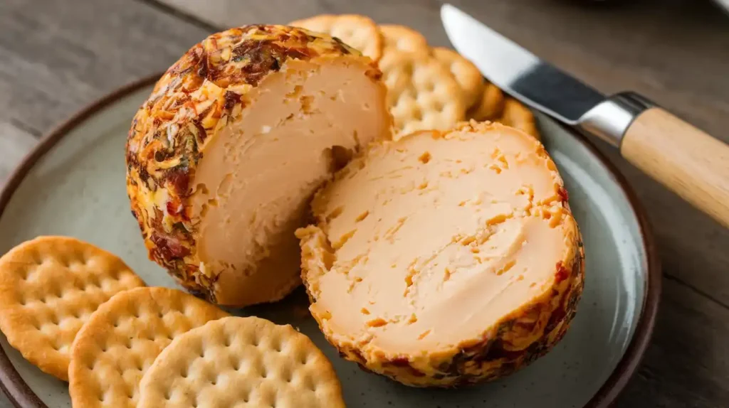 Sliced cheese ball with creamy interior.