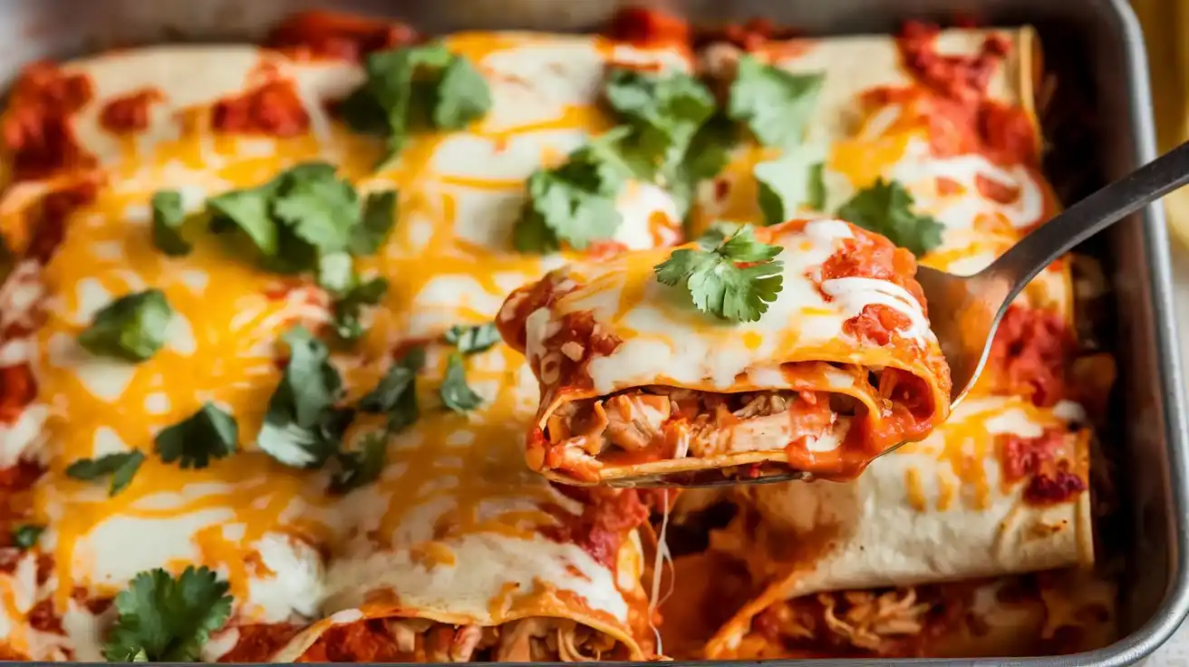 Sour cream chicken enchiladas with melted cheese in a baking dish.